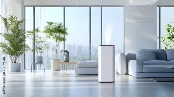 Fototapeta A contemporary living area features an air purifier beside a cozy sofa and greenery. Large windows illuminate the space, offering a stunning view of the city skyline under a clear sky