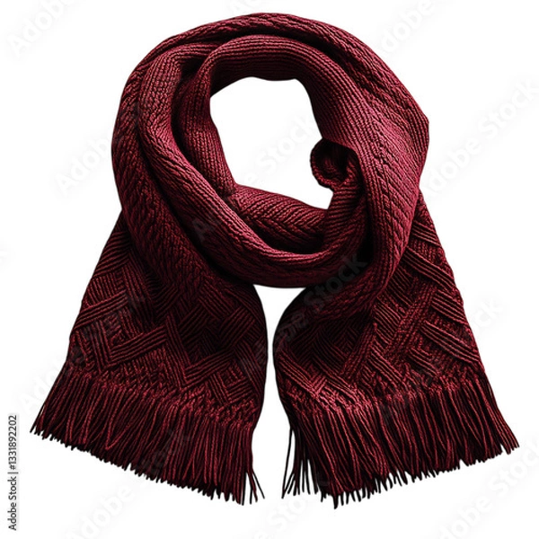 Fototapeta A Knitted Wool Scarf in Rich Burgundy with Geometric Patterns Isolated on Transparent Background