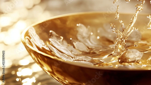 Obraz A golden bowl with transparent liquid and floating ice cubes, creating a dynamic splash effect