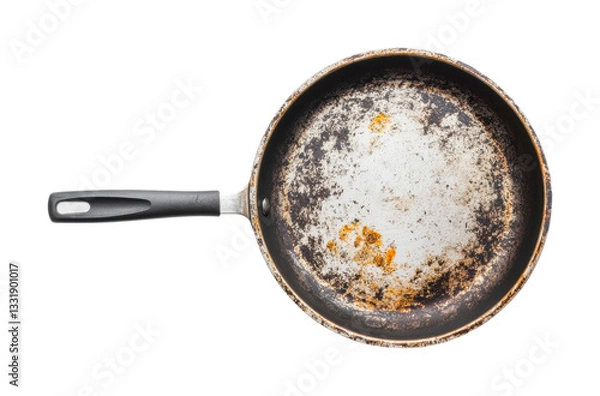 Fototapeta Rustic used frying pan with wear and tear isolated on black background, cut out