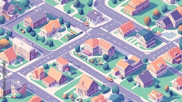 Fototapeta Aerial view of a vibrant suburban neighborhood with houses, streets, and greenery in the background