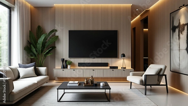 Fototapeta Modern Living Room Design: Stylish Furniture and TV Setup for a Cozy Home Entertainment Space - Flat Vector Illustration for Smart Business Concepts