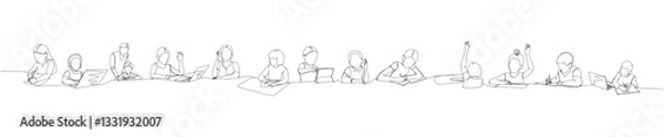 Obraz set of students answering in class, response to teacher one line art. Continuous line drawing of online learning, knowledge, school, preparation, answer, lesson