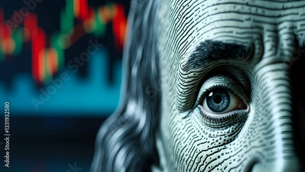 Obraz Close up of Benjamin Franklins eye on a 100 USD bill with stock market chart behind symbolizing US economic crisis inflation refusal of international dollar settlements concept as Close up of Benjamin