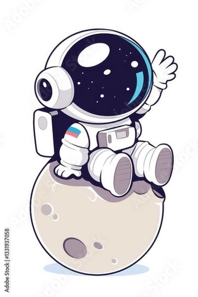 Fototapeta An astronaut sits on the moon waving at someone or something