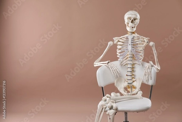 Obraz Artificial human skeleton model sitting on chair against light brown background, space for text