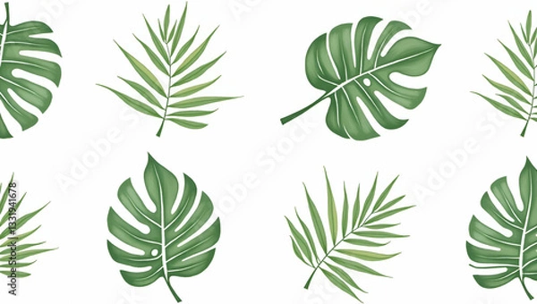 Fototapeta Botanical Garden Seamless Tile Pattern: Various Palm Species in Natural Greens on White Background