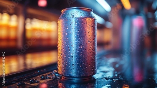 Fototapeta A metal beverage can sits on a wet bar surface, showcasing condensation droplets. Colorful lights from behind create an inviting atmosphere in a nightlife setting.