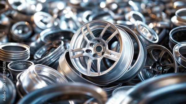 Fototapeta Large pile of automotive scrap, aluminum car rims ready for recycling. Image shows recyclable nature of aluminum scrap and emphasizes its value in recycling, especially in automotive industry