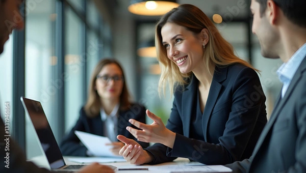 Obraz Busy happy business woman professional bank manager lawyer attorney consulting client on finances management. Female executive speaking to colleague working at office corporate meeting vertical. conce