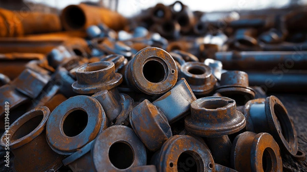 Obraz Pile of rusty steel scrap materials, including steel drain parts, flats, and rounded scrap. Value of recycling steel scrap for reuse and its potential for sustainable repurposing in metal industry