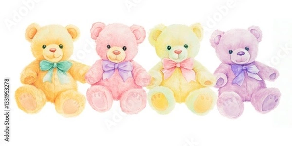 Fototapeta Four colorful teddy bears sitting and waiting for a hug