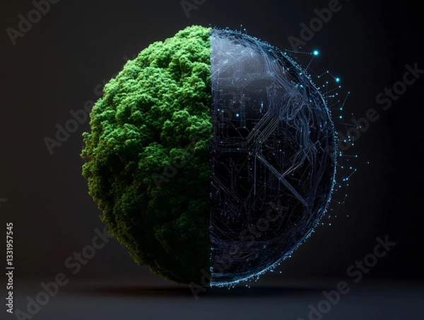 Fototapeta A stylized futuristic representation of Earth, covered with lush green moss and digital lights, symbolizing sustainability and technology. A concept of eco-friendly innovations and environmental aware