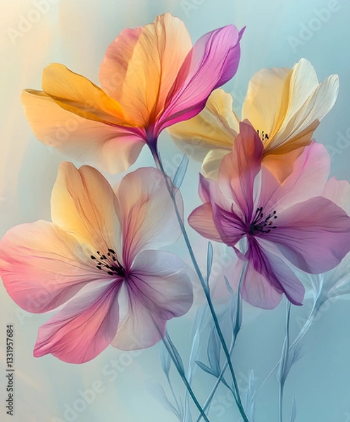 Fototapeta A delicate and artistic illustration of soft watercolor flowers in pastel hues, creating a dreamy and elegant floral composition. Perfect for invitations, greeting cards, and home decor.