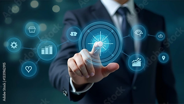 Obraz Flat Hand Reviewing Holographic Business Audit Device: Analyzing Compliance Target Data with Cute Vector Illustrations for Smart Business Insights