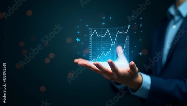 Obraz Flat Hand using holographic financial metrics tools for profit and loss with empty space background concept as A hand manipulating holographic tools to display financial metrics analyzing profit and l