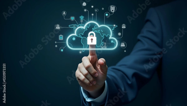 Obraz Flat Hand Engaging with Holographic API Interface: A Cute Vector Illustration Showcasing Cloud Computing, Global Network Security, and Software Development Integration in a Smart Business Context