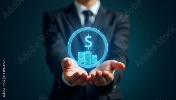 Fototapeta Hand Holding Holographic Profit Resources Icon: Visualizing Financial Management Against Minimalist Background for Stock Photo Concepts