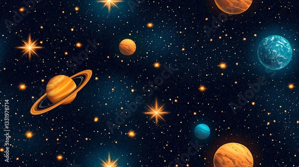 Obraz Vibrant space pattern featuring planets, stars, and cosmic elements