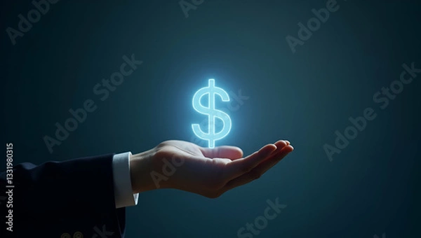 Fototapeta Hand presenting holographic investment banking jobs symbol representing investment banking jobs in empty space background concept as A hand showcases holographic investment banking jobs symbol illustr