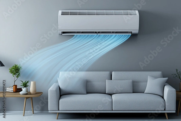 Fototapeta Refreshing Scandinavian living room with modern air conditioning and cozy seating area