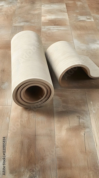 Fototapeta Rolled beige floor mats on wood floor; home improvement; interior design