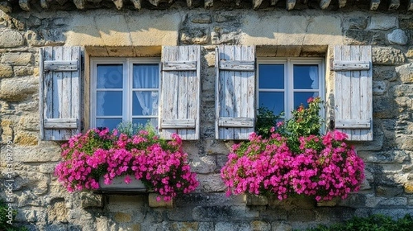 Fototapeta Rustic stone facade with decorative windows and vibrant flower boxes