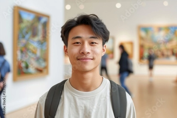 Fototapeta Portrait of young smiling Asian student standing in art gallery looking at camera, paintings hanging behind, copy space. Concept Exhibitions and Performances, culture, education, cultural exchange