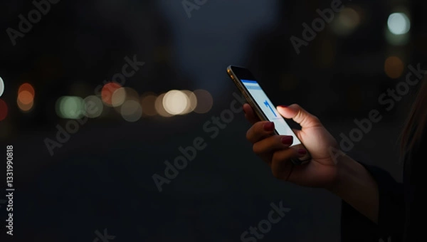 Fototapeta Modern Nightlife: Woman Using Smartphone with Bokeh Background