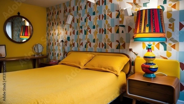Fototapeta a retro-style bedroom with a vibrant color scheme dominated by yellow, orange, and blue. The room features a yellow bed with matching pillows, a patterned wallpaper with geometric and floral elements.