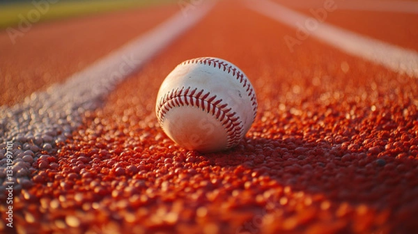 Fototapeta New baseball on red track, overhead view, clean and simple composition, symbolizing focus and precision.
