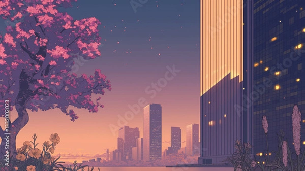 Fototapeta 花々が咲き誇る都会の夕暮れ｜ネオンと高層ビルの幻想的な景観｜ピンクとブルーに染まるロマンチックな空｜近未来都市のスカイラインと自然の融合｜静寂に包まれた夕焼けの都会｜幻想的な夜の始まりと美しい都市風景