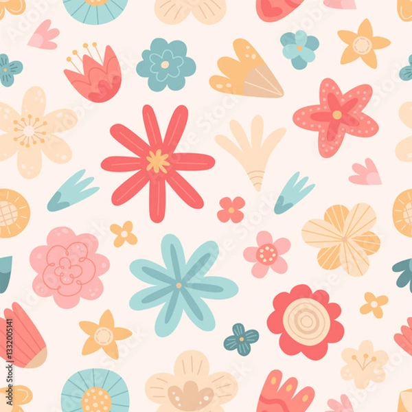 Fototapeta Cute pattern with cartoon flowers. Hand-drawn seamless texture with flowers on beige background. Children illustration in flat style. Vector pattern for textile or wrapping paper