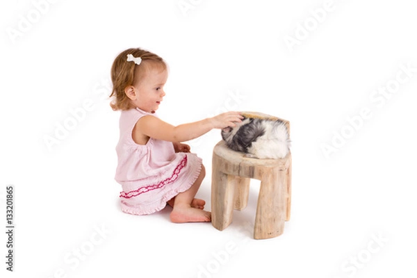 Obraz Little cute girl playing with a Guinea pig on a white background