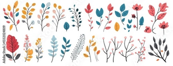 Fototapeta A collection of botanical line art featuring floral drawings, flowers, leaves, and plants, ideal for trendy minimalistic design, comprising hand-drawn sketches of plant branches and modern