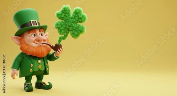 Fototapeta A 3D leprechaun’s pipe smoking with shamrock-shaped smoke, standing on the left side, solid light background, realistic details, space on the right for text