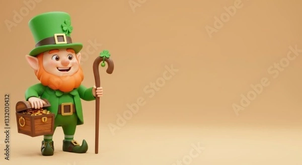 Fototapeta A 3D leprechaun with a walking stick and a treasure chest, on the left side, solid soft background, high-poly design, space on the right for text