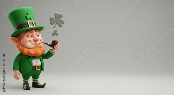 Fototapeta A 3D leprechaun’s pipe smoking with shamrock-shaped smoke, standing on the left side, solid light background, realistic details, space on the right for text