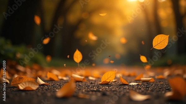 Obraz Falling autumn leaves on a path at sunset. Golden hour photography.