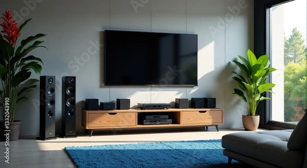 Fototapeta Modern living room interior with home theater system, large TV and stylish furniture. Natural light streams through a large window, creating a calm and relaxing atmosphere.