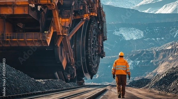 Obraz Industrial landscape showcasing a worker beside a colossal ore processing machine