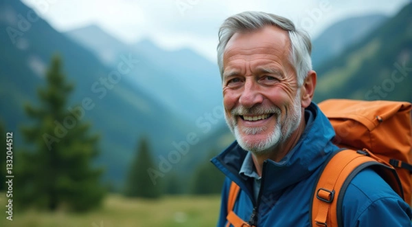 Fototapeta Happy senior man hiking in the mountains.  Smiling portrait of an active older adult enjoying nature.