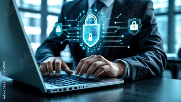 Obraz Network Security Background with Businessman Using a Laptop