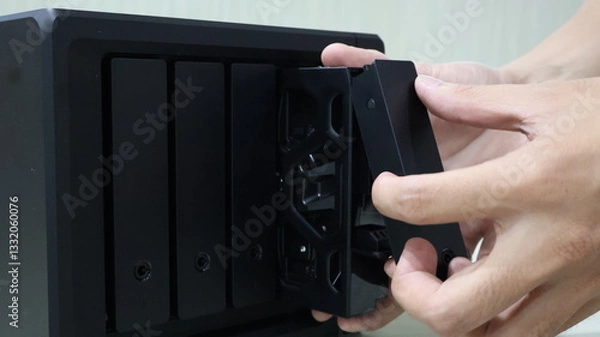 Fototapeta close up of someone's hand inserting a hard disk into a Network Attached Storage
