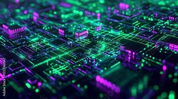 Fototapeta Abstract futuristic digital cityscape in shades of neon green and deep purple, glowing geometric circuits, cyberpunk data flow, interconnected matrix of light and motion, dynamic energy,