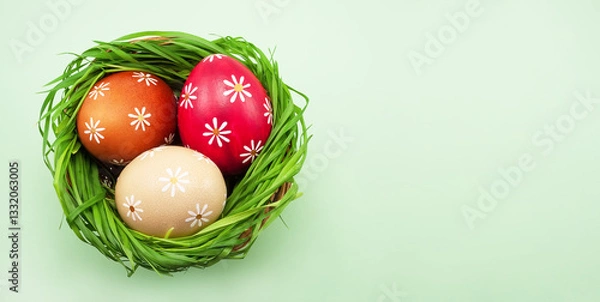 Fototapeta Colored Easter eggs in a basket with green grass on a light green colored table, top view
