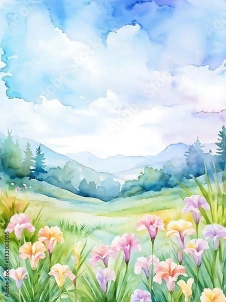 Obraz Watercolor Landscape with Blooming Flowers