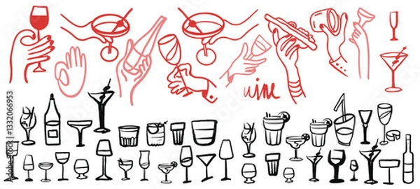 Fototapeta Isolated vector set of wine and alcoholic beverage glasses and tumblers. Hands. Hand drawn sketch.Red and black drawing on white background.Cocktails, martini, whiskey, cognac, vodka, gin tonic, beer