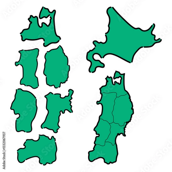 Fototapeta 日本地図_北海道・東北地方の手描き地図セット_カラー