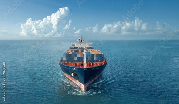 Obraz A large cargo ship loaded with colorful shipping containers sails through the open ocean under a bright blue sky with scattered clouds. The vessel cuts through the water, leaving a foamy trail behind.